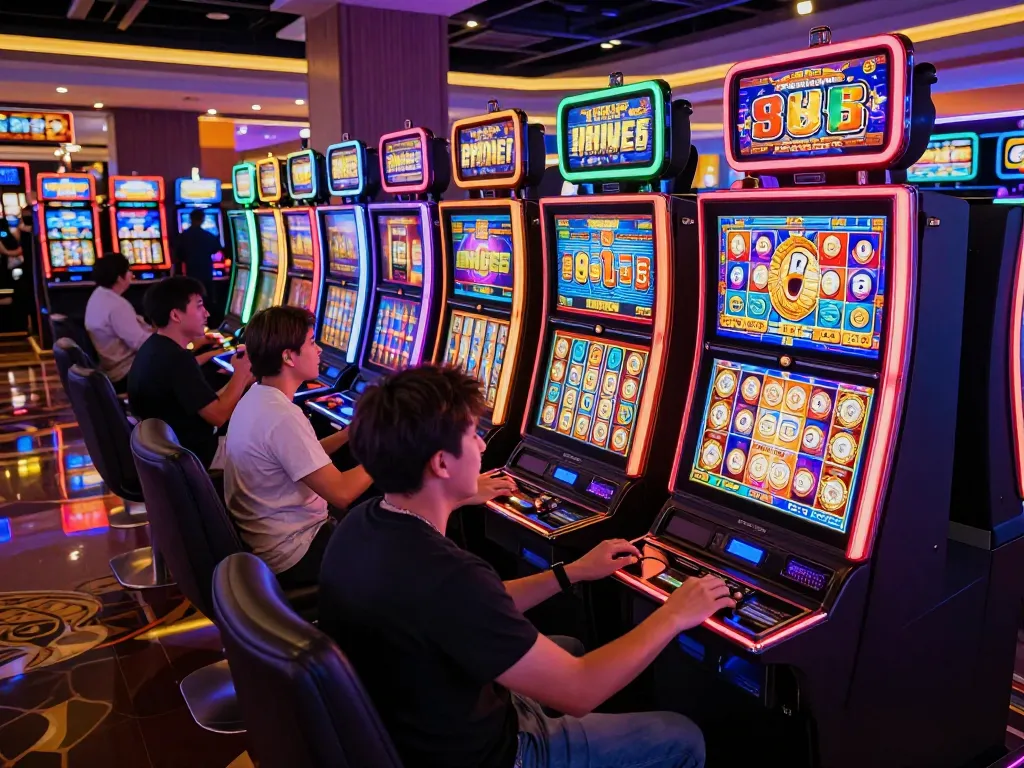 Players engaging with vibrant Slot88 machines in a lively casino atmosphere.