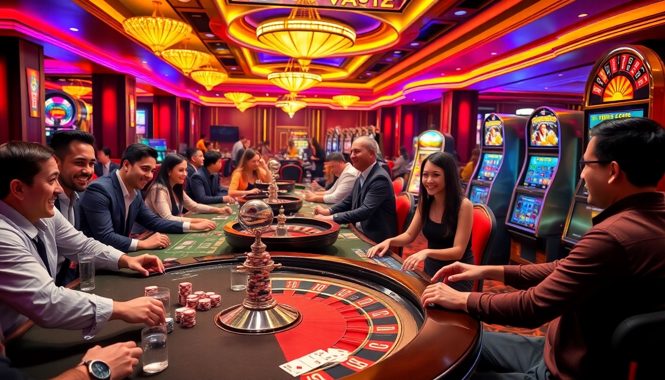 Experience the thrilling atmosphere at https://thabet.vegas/ with players engaging at colorful casino tables.