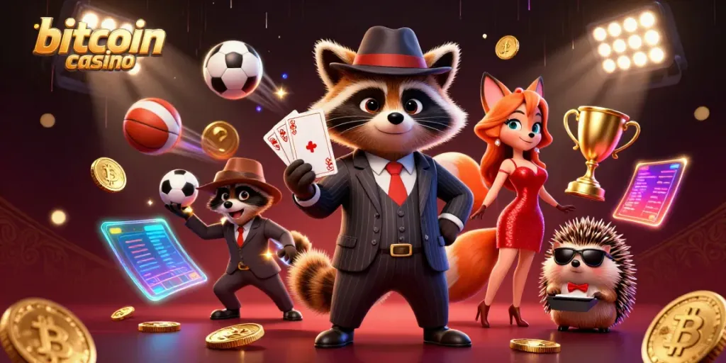 Experience the action at a bitcoin casino with characters dynamic in a lively gambling scene.