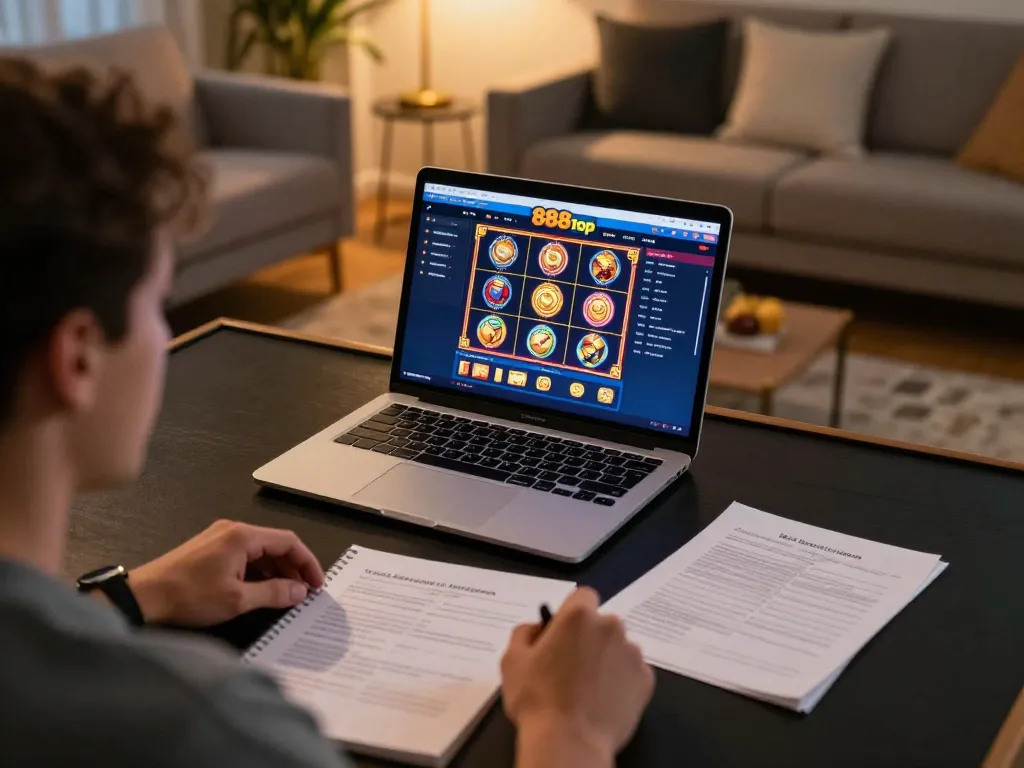 Player enjoying online gaming with 888top, engaging with dynamic strategy notes.