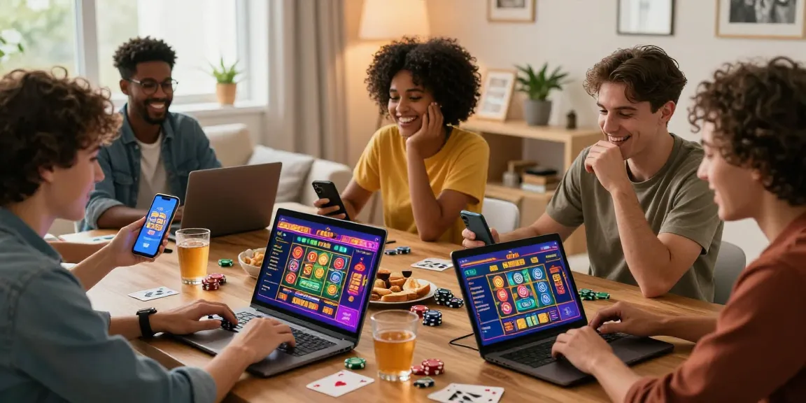 Engaging group of friends enjoying online casinos Australia gaming with laptops and snacks in a cozy home setting.
