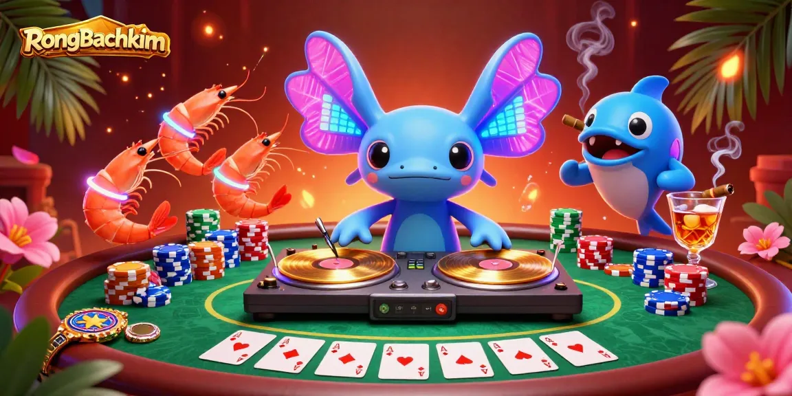 Experience dynamic Rongbachkim gaming with neon axolotl DJ and vibrant poker elements.