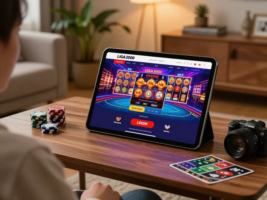LIGA2000 LOGIN screen on a tablet during an online gaming session in a cozy setting.