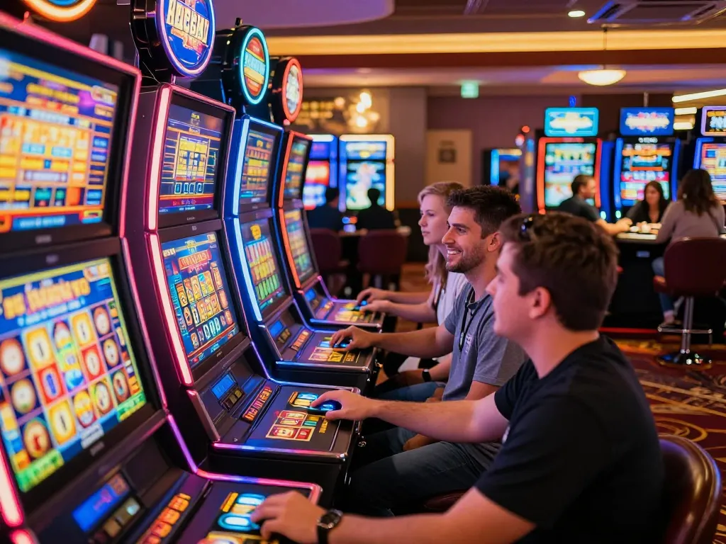 Players enjoying the thrill of slot gacor at an exciting casino, vibrant atmosphere with colorful machines.