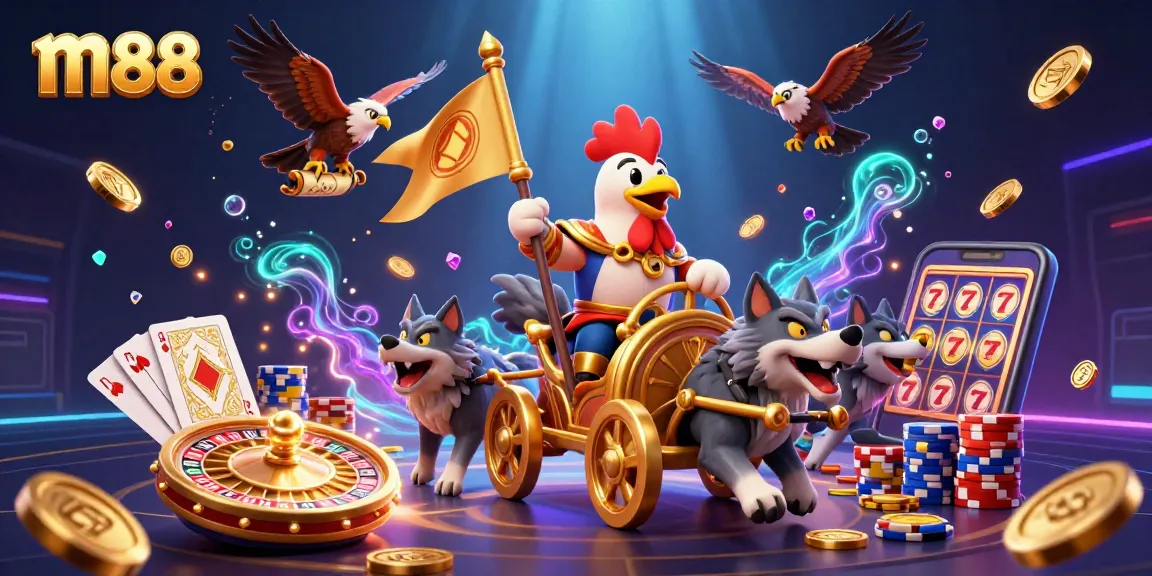 Join the m88 fun with this vibrant 3D illustration showcasing a rooster warlord and casino excitement.