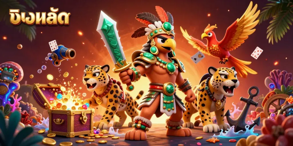 Experience thrilling action with the lively scene of ถ่ายทอดบอลสด featuring Aztec heroes and dynamic gambling elements.