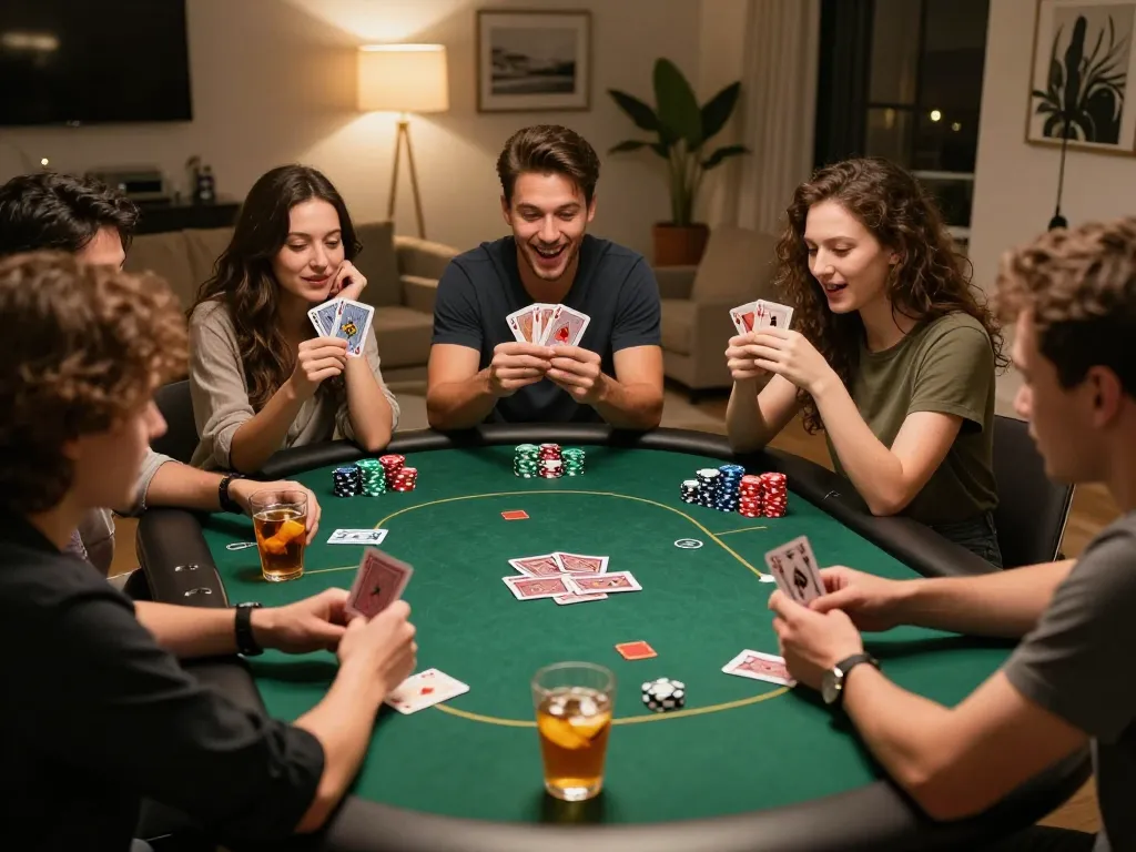 Players enjoying a poker night at home with open88, showcasing strategy and excitement.