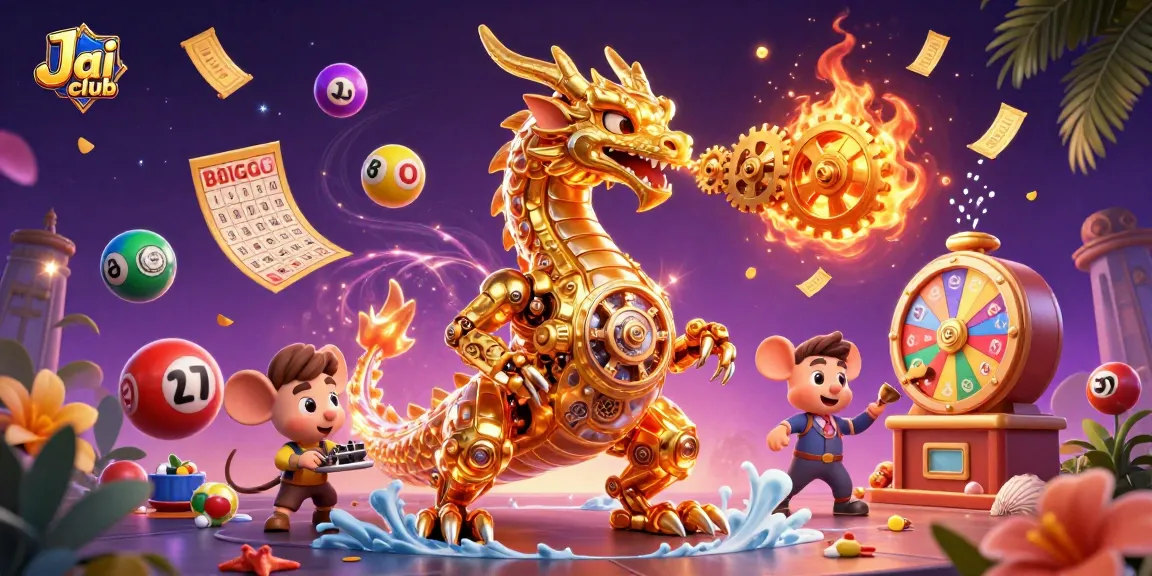 Engage with lottery thrills and rewards at Jai club, featuring vibrant game elements in a dynamic scene.