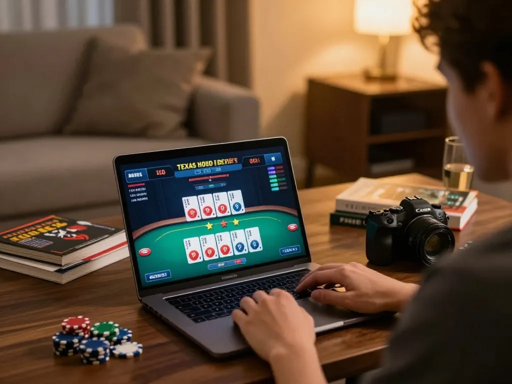 Engaging online poker gameplay scene at home showcasing luckyindex user's strategy and focus.