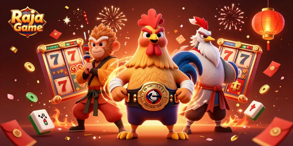 Engage with Raja Game's vibrant casino scene filled with exciting slot reels and dynamic characters.
