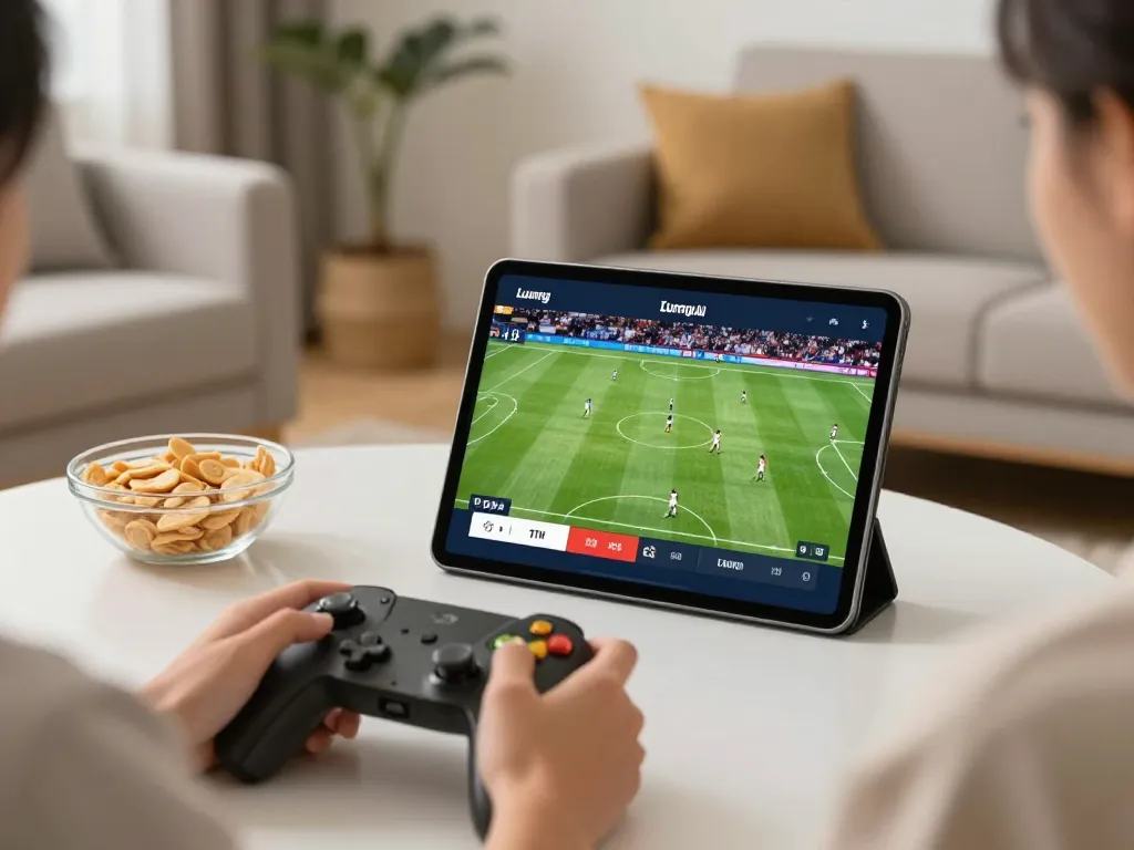 Lương Sơn TV offers a vibrant football streaming experience on a tablet in a cozy home environment.