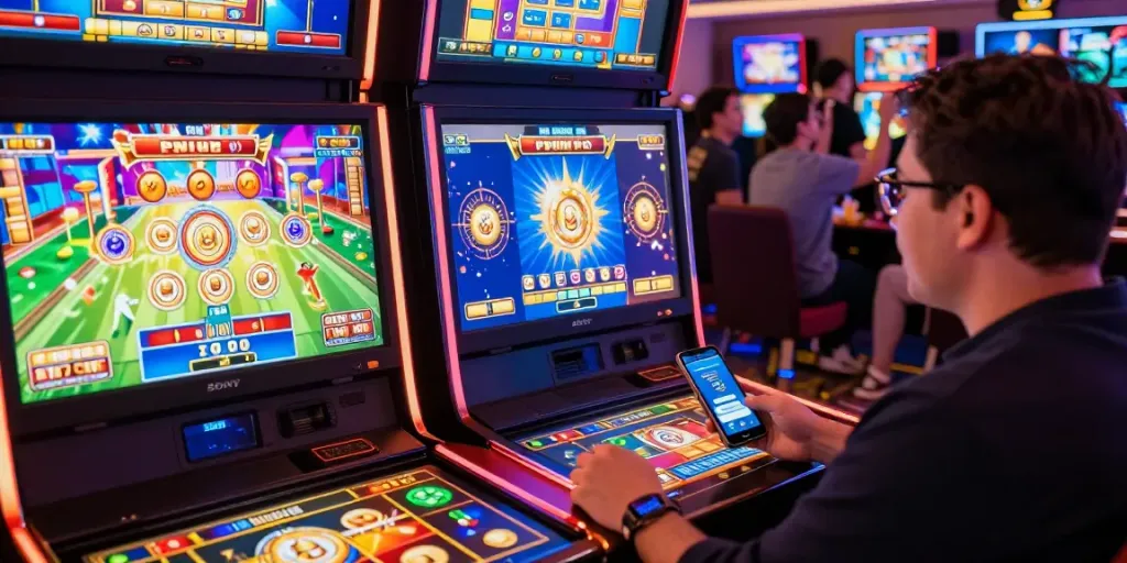Login jptoto dalam suasana kasino online yang dinamis dan seru, pemain terlibat dalam permainan mesin slot, tampilan grafik yang cerah.