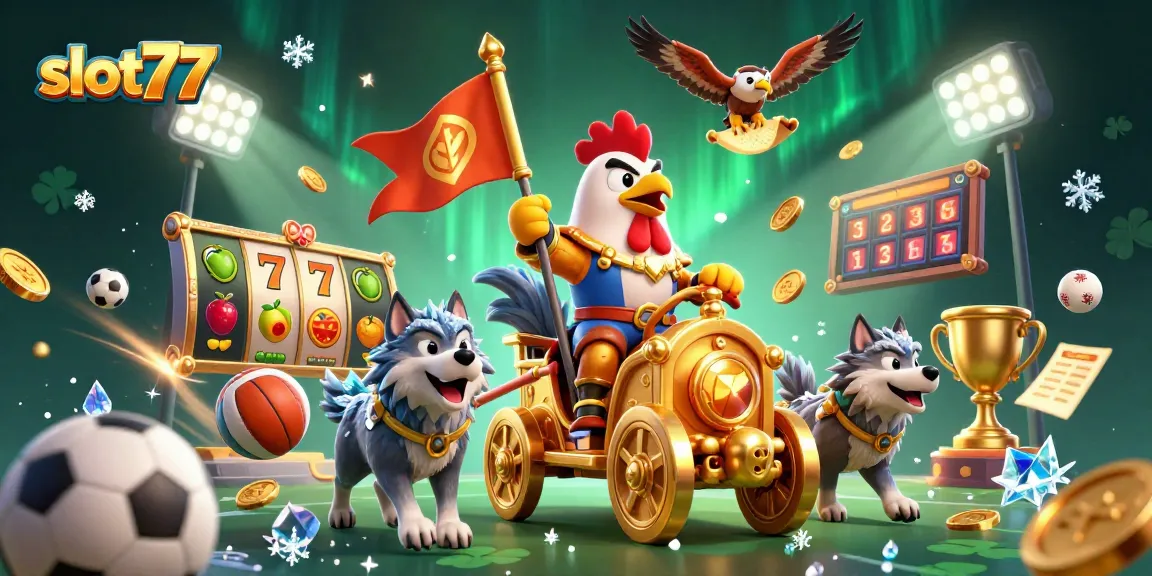 Experience thrilling gameplay with slot77, featuring a 3D cartoon rooster warlord in a dynamic casino scene.