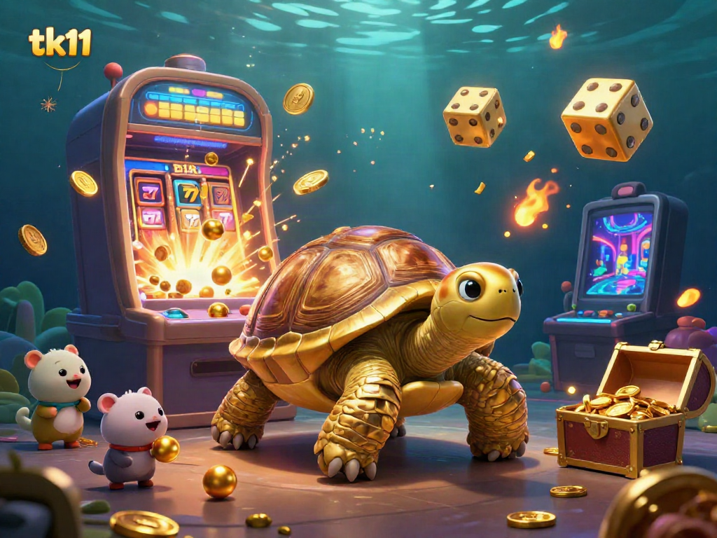 tk11 showcases a golden tortoise pinball machine amid vibrant casino elements, capturing excitement and fun.