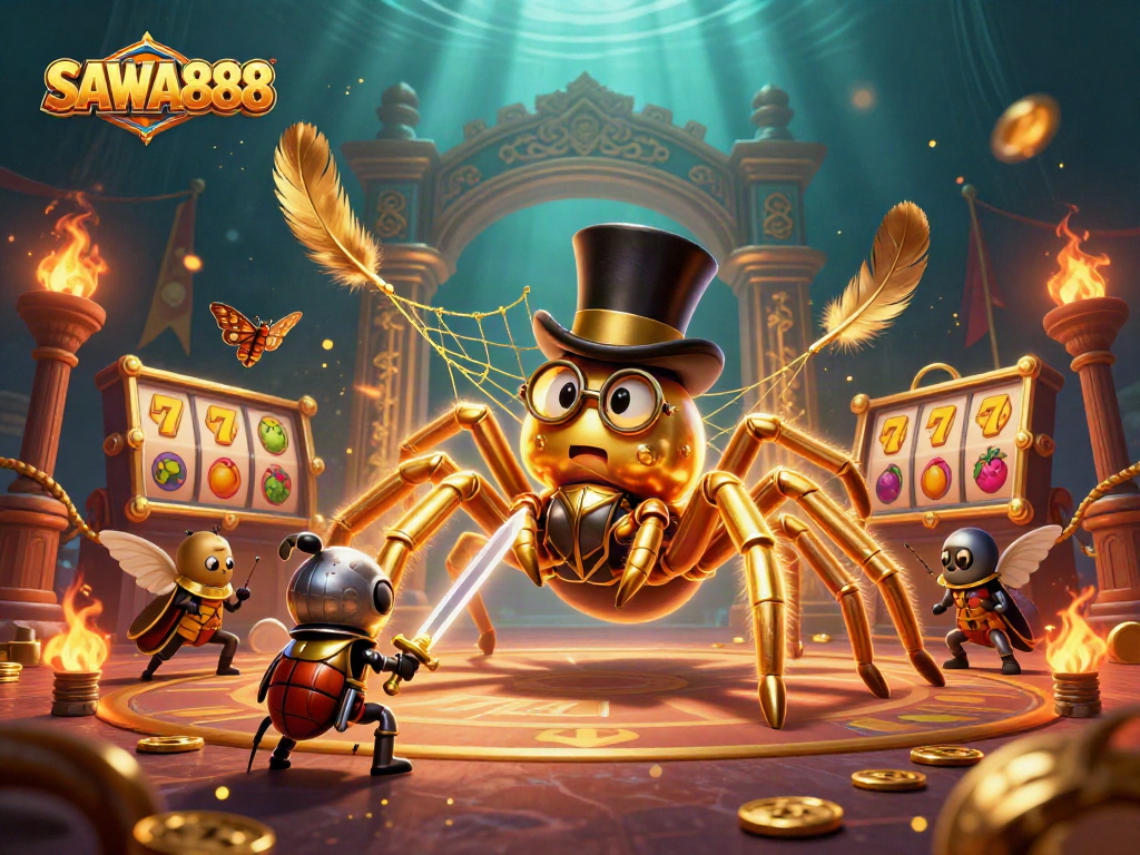 SAWA888 features a brave beetle knight facing a giant golden tarantula in an action-packed casino scene