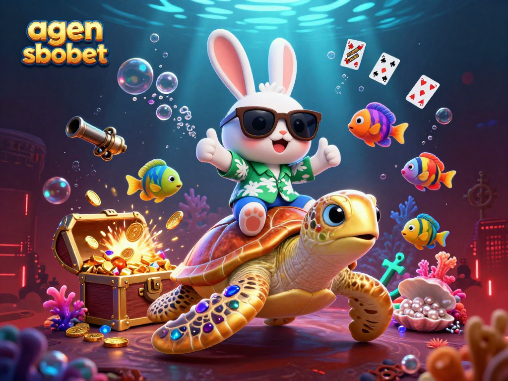 Join the fun on agen sbobet with our lucky rabbit and golden sea turtle in this vibrant scene!