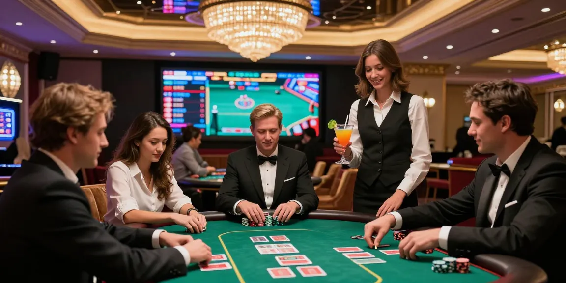 Exciting iwin gaming scene at high-end casino table with players.