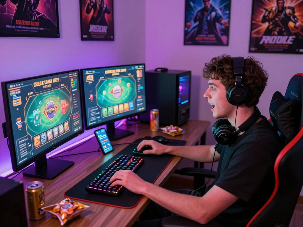 Dynamic gaming setup showcasing excitement around credit card casinos uk with colorful card interfaces and snacks.