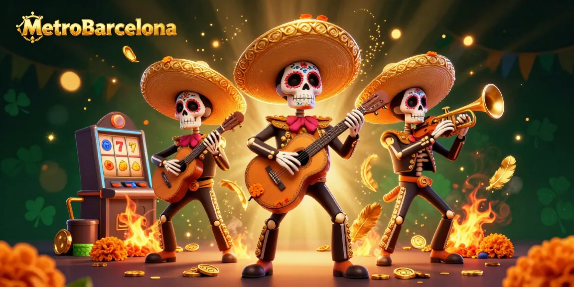 Play exciting casino games like slots at MetroBarcelona, featuring vibrant animated mariachi skeletons.