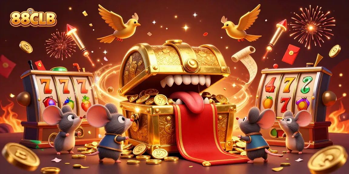 Engage with 88CLB's thrilling slot gameplay as golden treasures and festive symbols create a vibrant casino atmosphere.