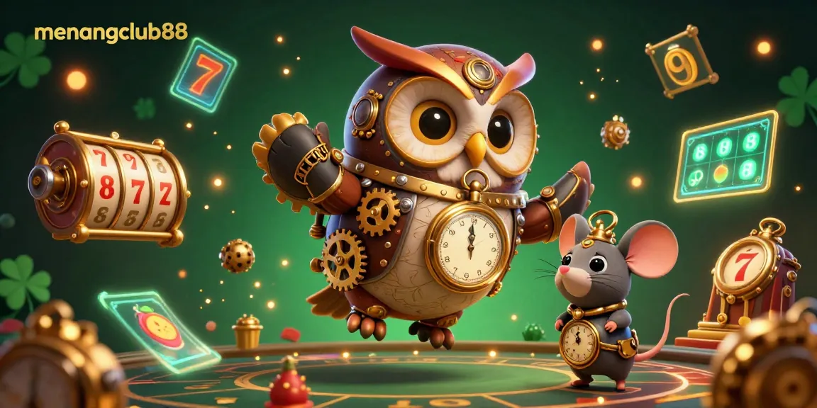 Join the adventure with menangclub88 as the time-traveling owl uncovers hidden treasures in a vibrant casino.