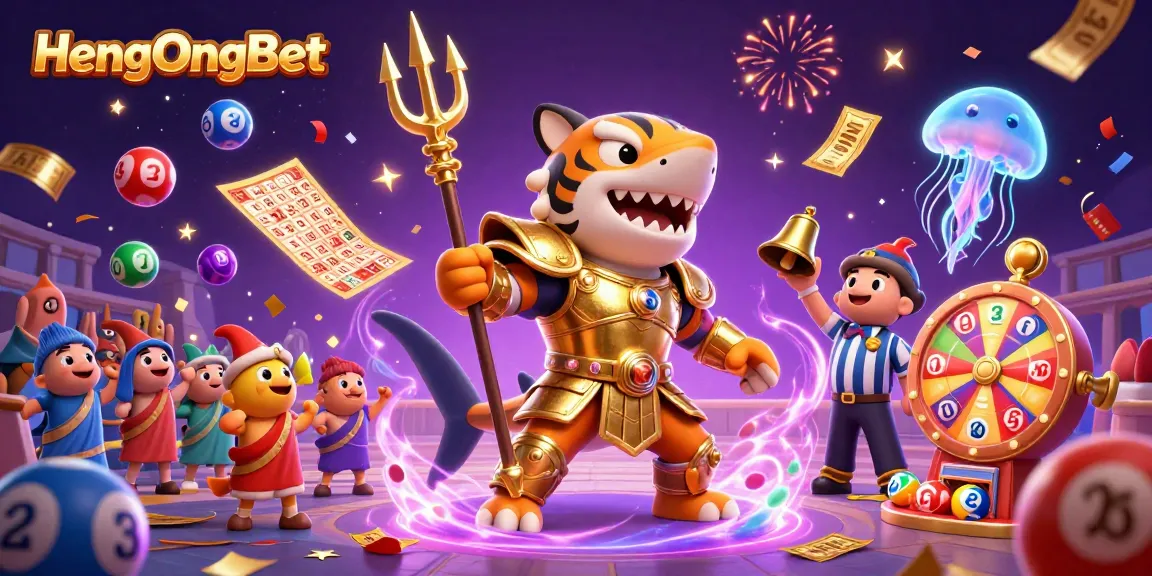 Experience thrilling lottery excitement with HengOngBet in this dynamic 3D casino scene.