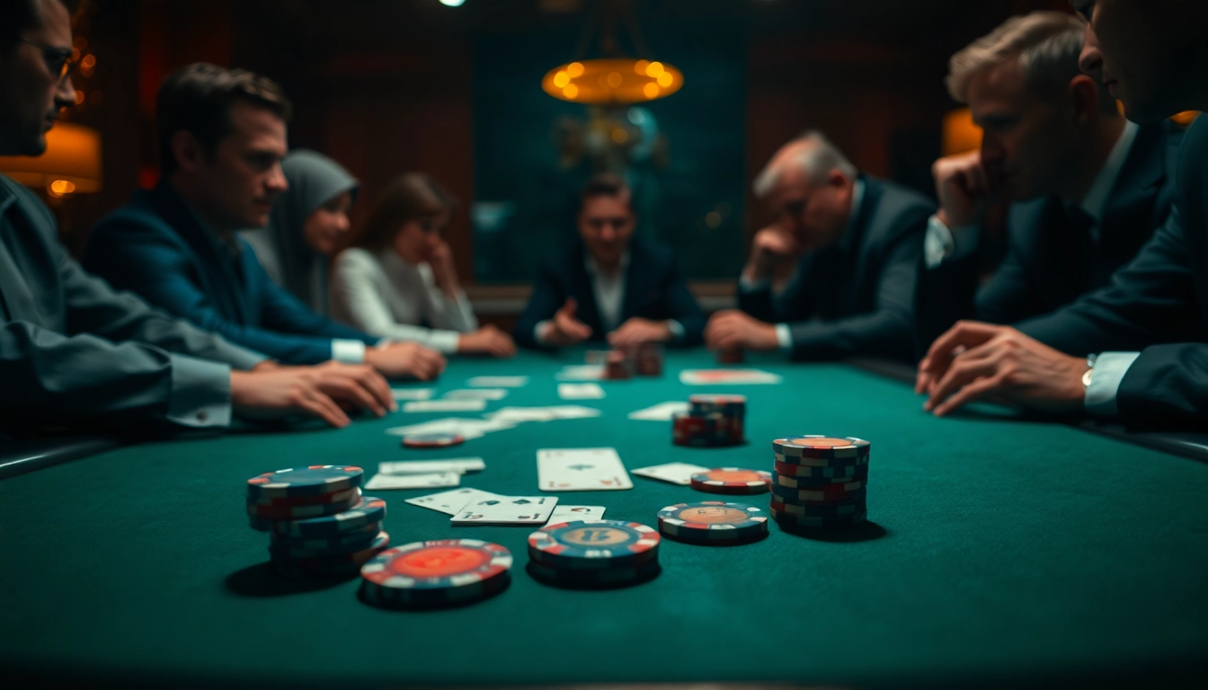 Engaged players in a poker game setting, showcasing action and strategy.