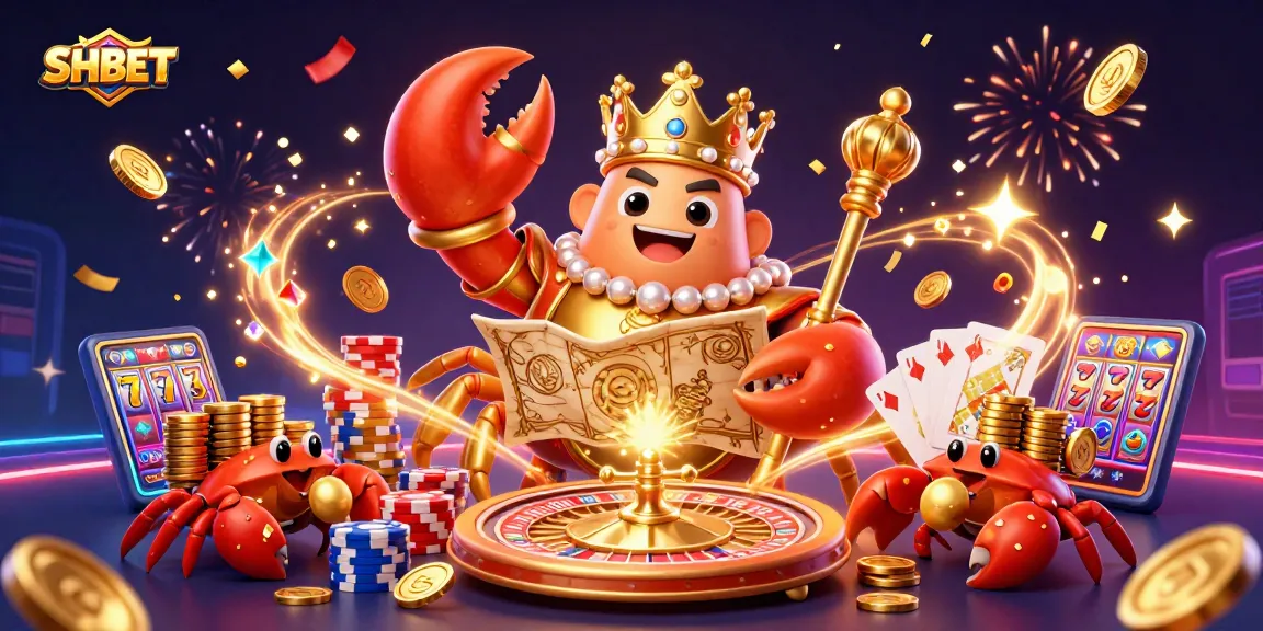 Experience thrilling gaming at SHBET with a golden crab emperor amidst vibrant casino elements.