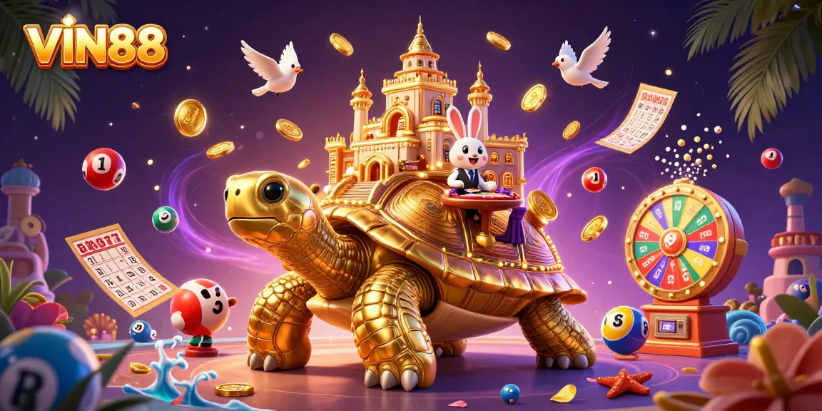 Play exciting VIN88 games at a dynamic casino scene with a tortoise and dealer.