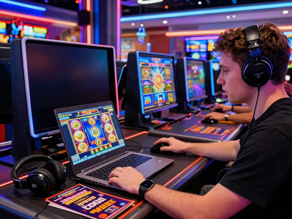 A80 online casino gaming scene with a player engaged in vibrant slot games and promotions.