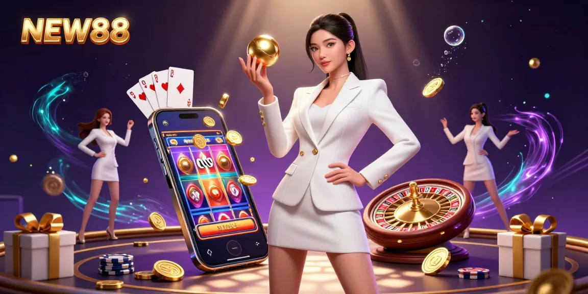 Experience vibrant gameplay and winning chances at NEW88 with dynamic casino elements surrounding a confident player.
