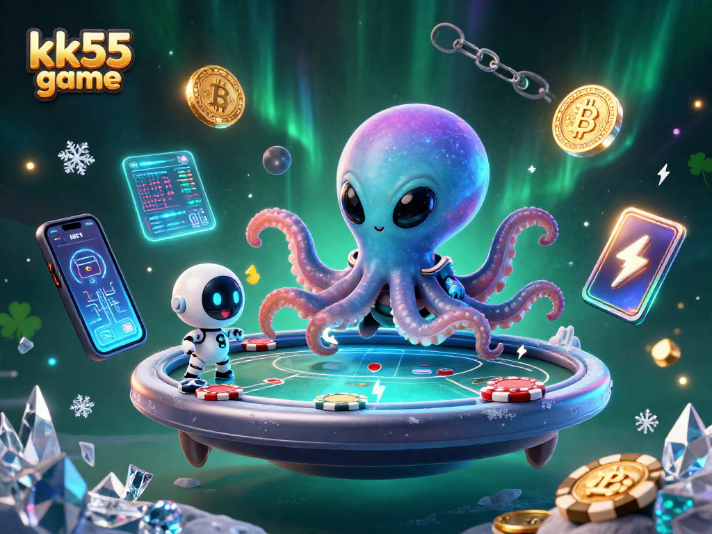 Engage with kk55 game in a thrilling casino atmosphere featuring unique intergalactic characters and vibrant crypto elements.