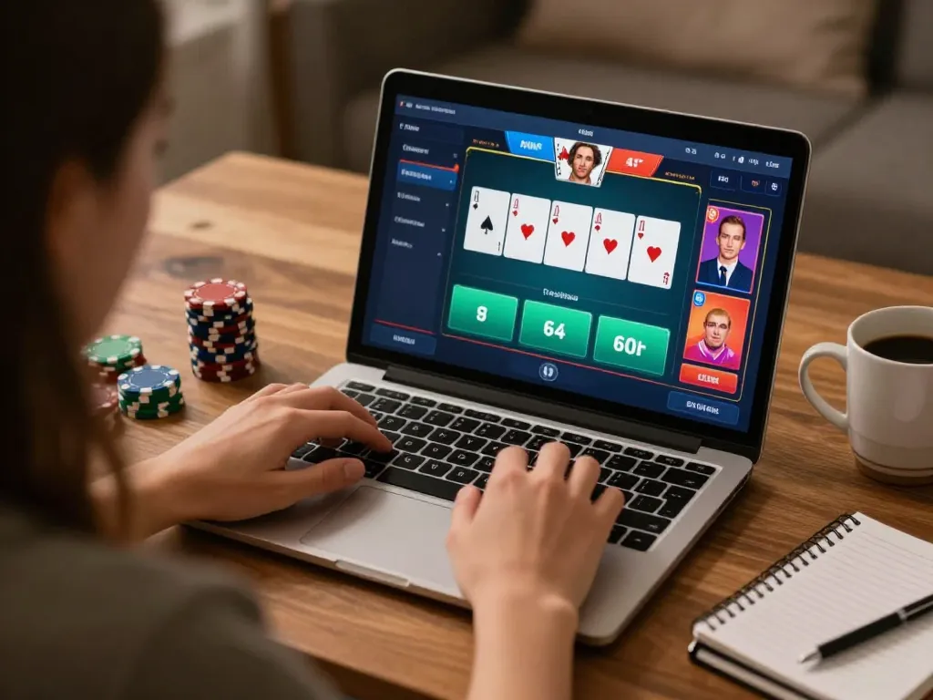 Player using Jun88 for online poker, showcasing exciting gameplay and strategy in a cozy setting.