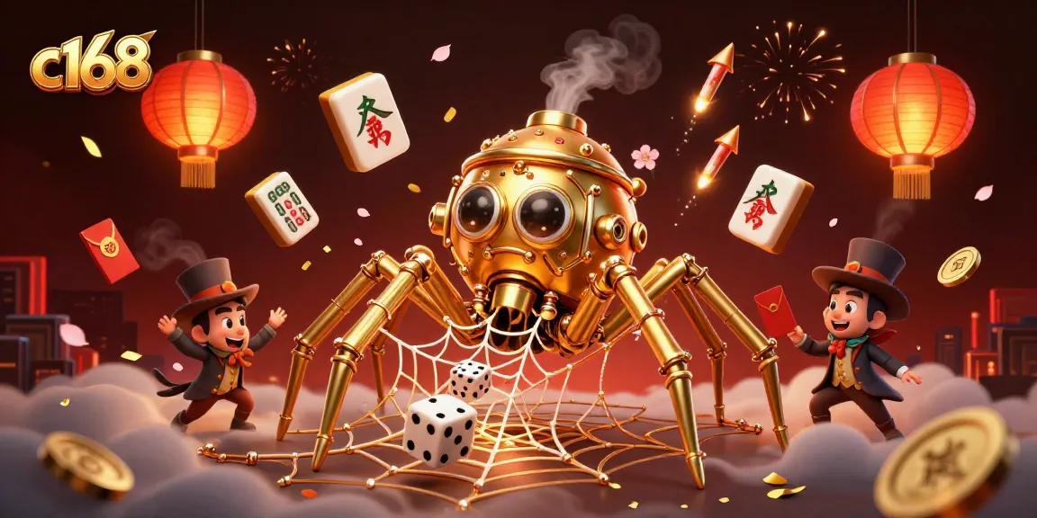 Catch winning fortune at c168 with an enchanting steampunk casino scene featuring a golden spider and vibrant game elements.
