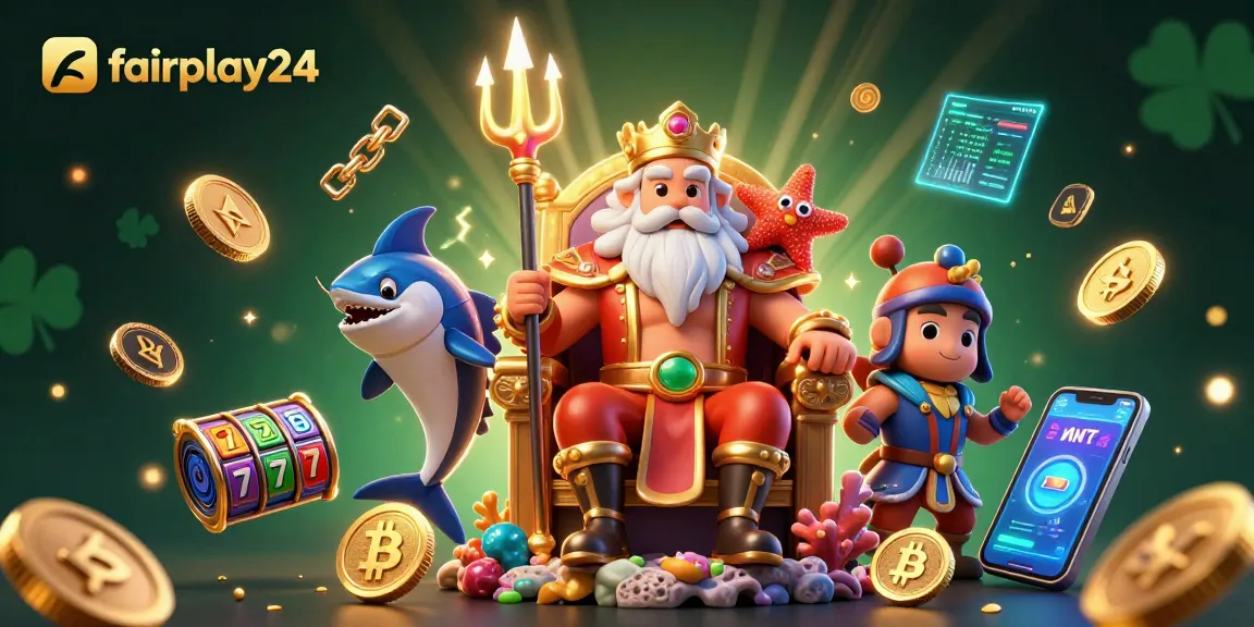 Experience fairplay24's thrilling action with a cartoon king, glowing slots, and vibrant crypto elements.