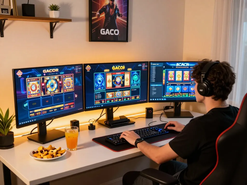 Player enjoying gacor slots on multiple screens in a cozy home gaming setup.
