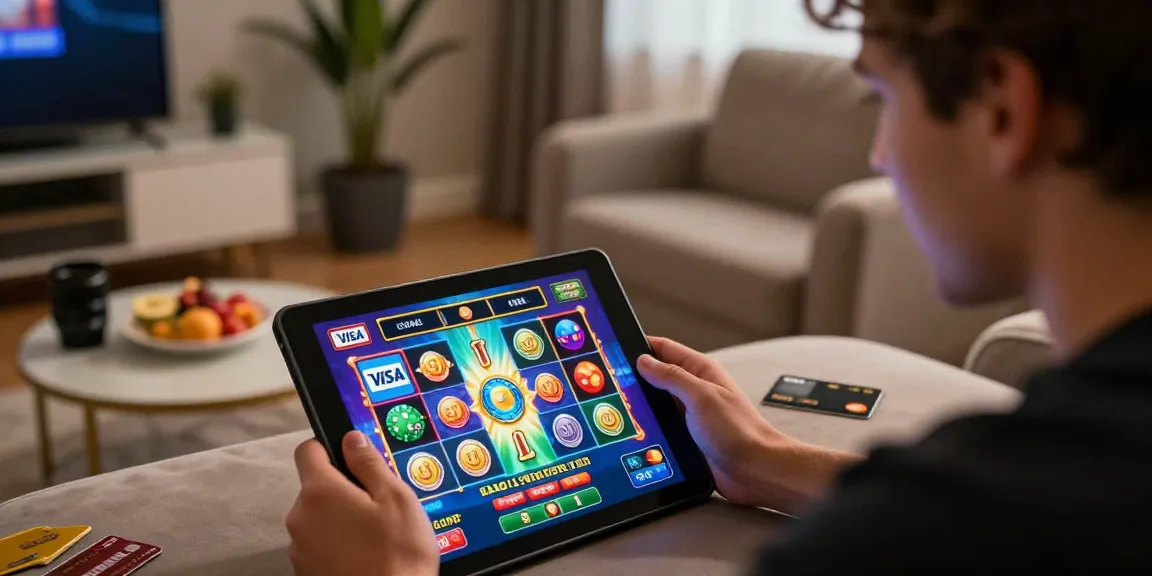 Player engaging with credit card casinos at home, showcasing excitement with devices featuring Visa & Mastercard for deposits.