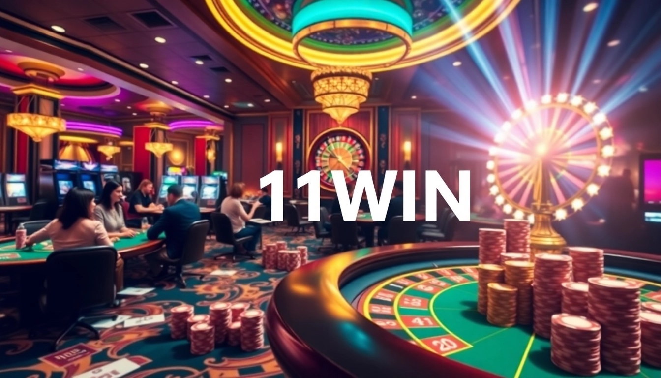 Exciting casino scene featuring the vibrant 11WIN gaming atmosphere with poker tables and roulette wheels.