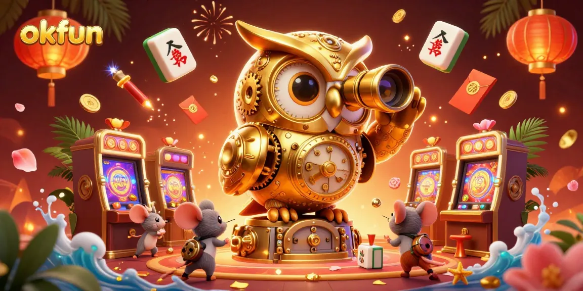 Engage with okfun's vibrant casino scene featuring a clockwork owl and lively patrons celebrating wins.