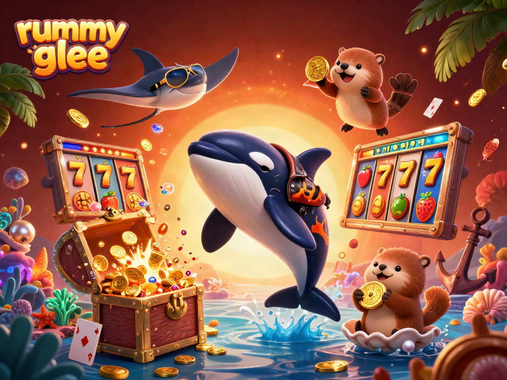 Rummy Glee menampilkan orca keren melompat, ikan pari, dan berang-berang laut dengan koin emas
