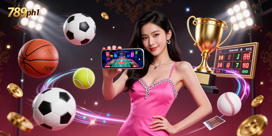 Experience 789ph1's vibrant live dealer casino games surrounded by dynamic sports elements and dazzling effects.