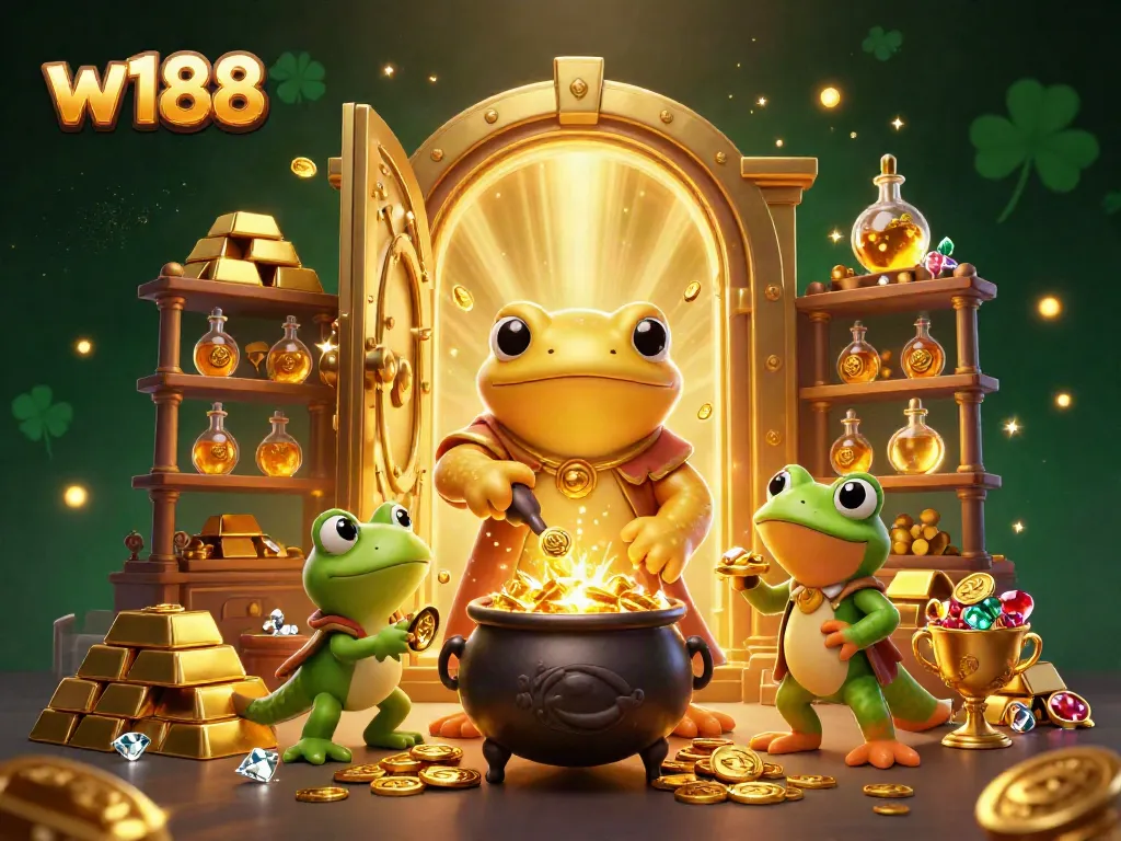 Experience w188's golden alchemy with a vibrant scene of playful alchemists and treasure in a magical casino atmosphere.