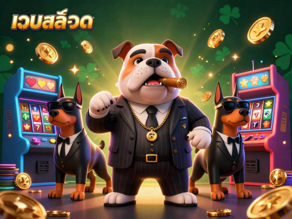 Engage with เว็บสล็อต featuring a mafia bulldog boss and Doberman bodyguards amidst vibrant gaming elements.