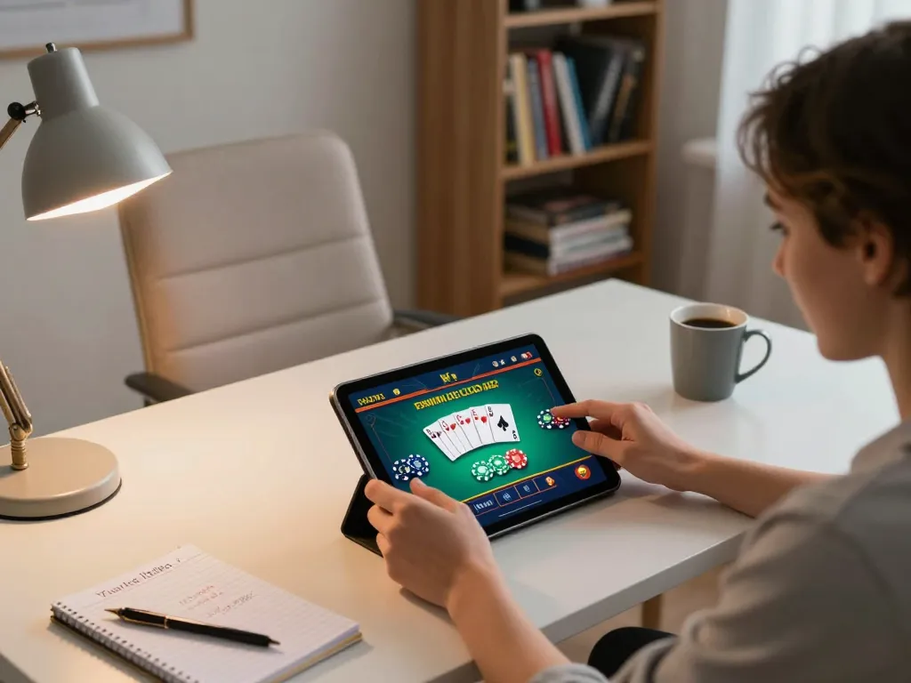 Hi88 player engaging in online gaming, featuring tablet poker game with vibrant interface.