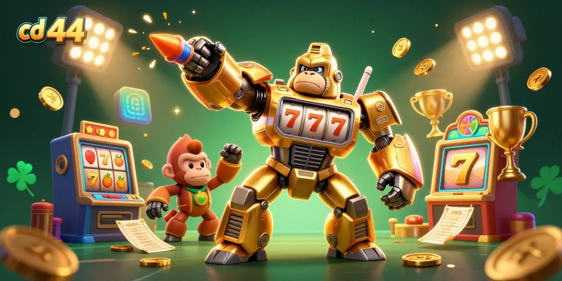 Experience exhilarating action with the cd 44 brand featuring a golden gorilla mech amidst slot machines and dynamic casino elements.