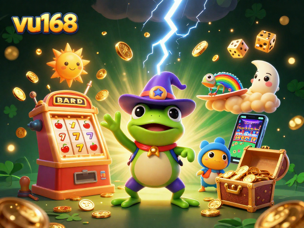 Experience thrilling gameplay at vu168 with dynamic 3D elements showcasing a wizard frog, chameleon, and casino symbols.