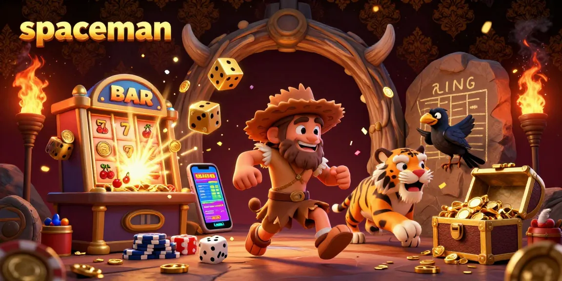 Engage with the spaceman illustration showcasing a lively prehistoric casino environment filled with dynamic gaming elements.