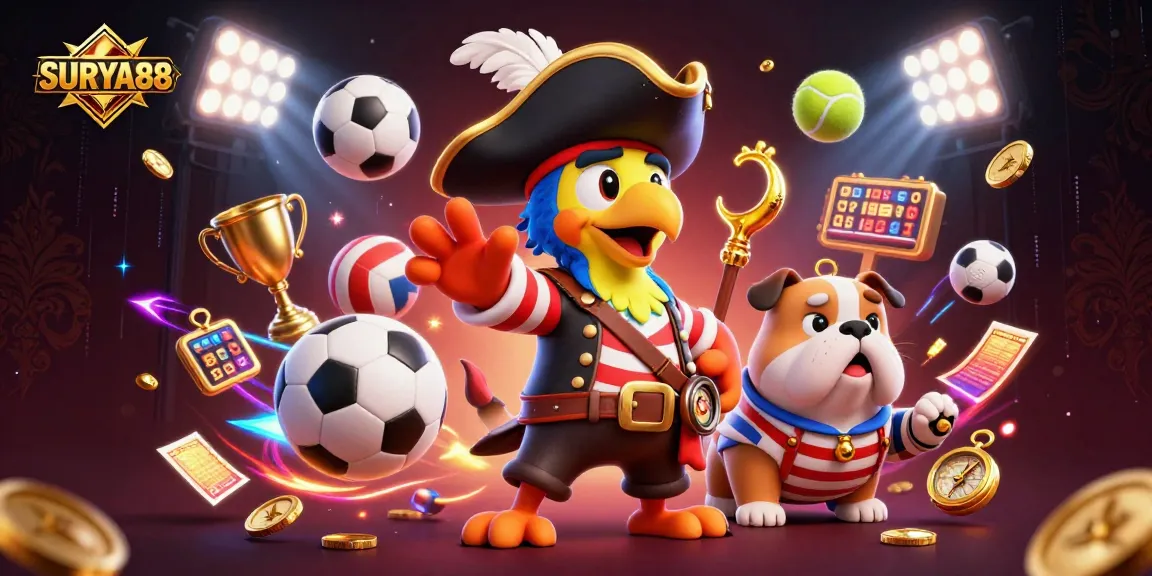 SURYA88 captures the excitement of sports betting with dynamic 3D elements featuring vibrant characters and energetic scene