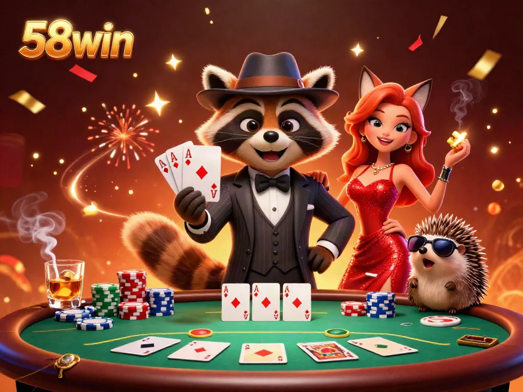 Experience dramatic poker action with 58win as a raccoon and fox celebrate their royal flush.