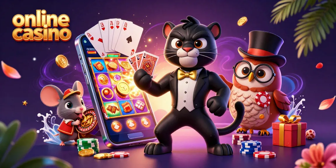 Play thrilling games at an online casino with characters like a panther dealer and an owl, surrounded by vibrant casino elements.